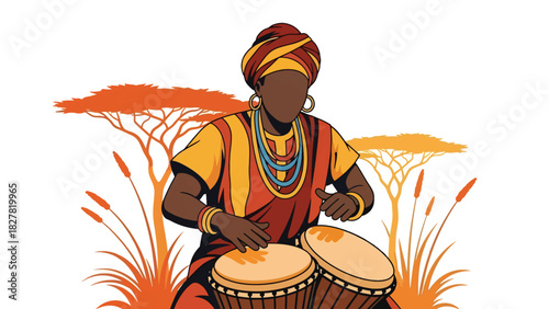 African musician playing traditional hand drums with rhythmic energy. Ideal for music culture, celebration, and artistic expression visuals
