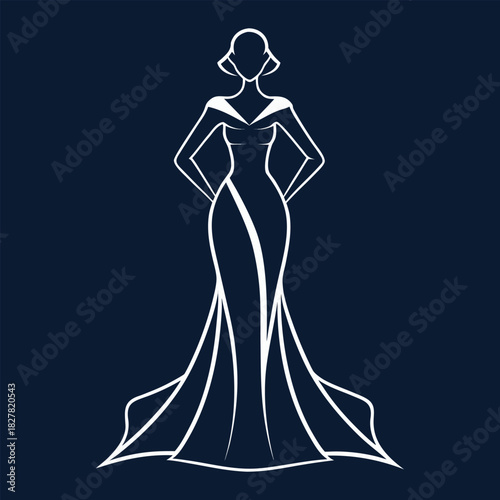 Elegant woman in a flowing haute couture gown striking silhouette minimalist vector art