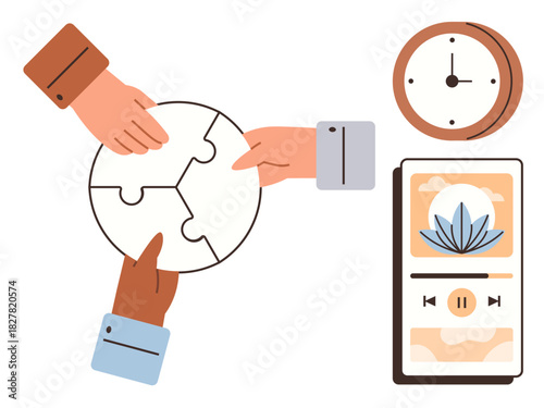 Hands putting together puzzle pieces as a symbol of unity and collaboration, alongside a clock and a meditation app. Ideal for teamwork, time management, relaxation, synergy, productivity