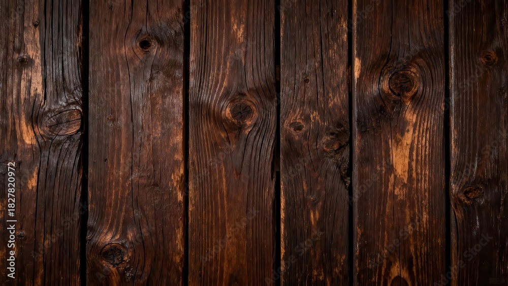 Naklejka premium Rich dark brown wooden planks form a textured vertical background surface.