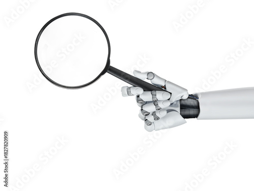 White cyborg robotic hand holds a magnifying glass in his finger - Using AI and chatbots to search for information - isolated on free PNG background.
