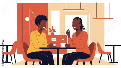 Two African friends sharing coffee and conversation at a café. Ideal for social connection, friendship, lifestyle, and modern culture themes