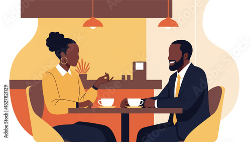 Two African friends sharing coffee and conversation at a café. Ideal for social connection, friendship, lifestyle, and modern culture themes