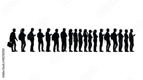 People waiting in line using smartphones silhouette isolated on white background, Vector