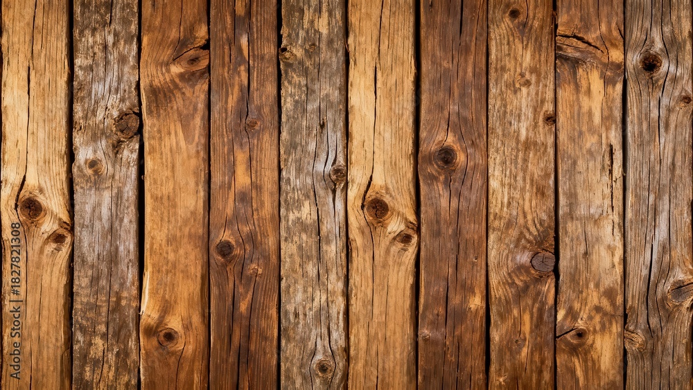 Fototapeta premium Rustic wooden planks display varied brown tones and prominent knots across a vertical surface