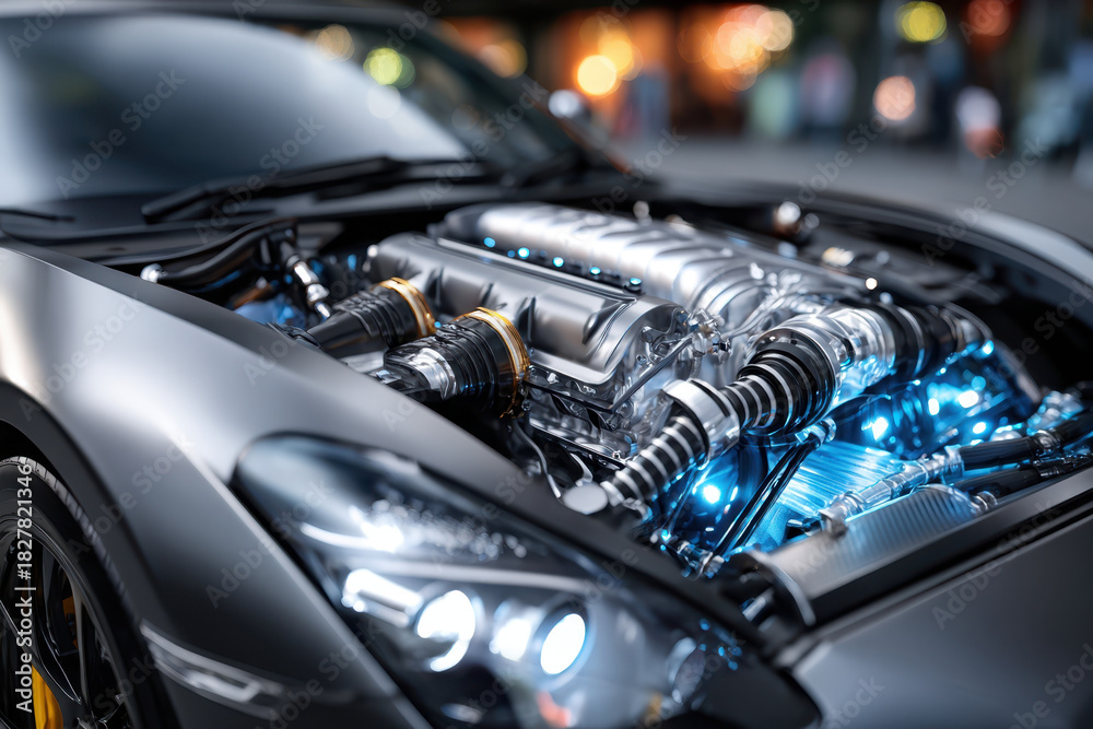 Obraz premium Modern Car Engine with Blue Lights at Night