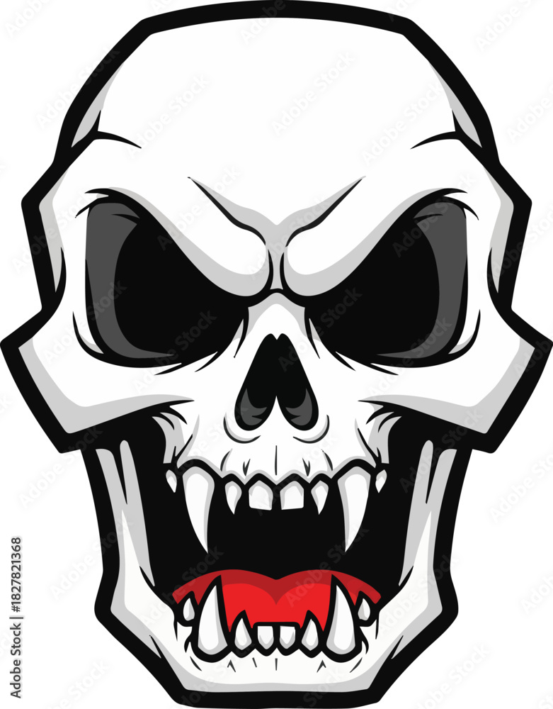 Fototapeta premium Menacing vampire skull with sharp fangs and an open mouth. Aggressive evil undead creature head for a mascot or tattoo design. Skull08 vector illustration