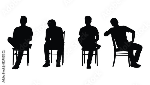 Four men sitting silhouettes isolated on white background, Vector