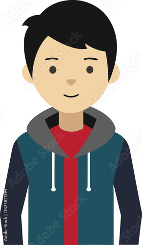 Outline illustration of a teenage boy wearing a graphic t shirt and a hoodie simple clean line art style
