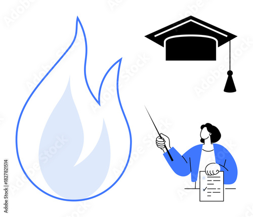 Blue flame symbolizes passion, graduation cap signifies achievement, instructor holds pointer near a checklist. Ideal for education, inspiration, learning, ambition, progress, success