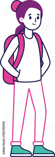 Modern outline illustration of a teen girl in street style with backpack and sneakers