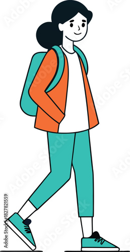 Modern outline illustration of a teenage girl in street style with a backpack and sneakers