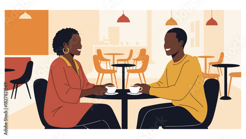 Two African friends sharing coffee and conversation at a café. Ideal for social connection, friendship, lifestyle, and modern culture themes