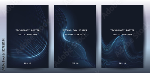 Technology Banner Poster set. Futuristic digital data wave glowing lines. Data science concept tech banner, corporate business presentation or booklet technology