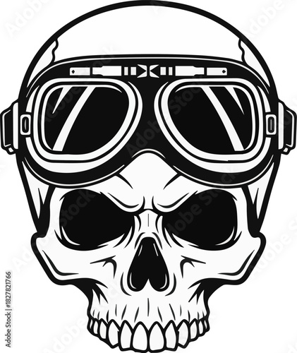 Intense Human Skull Illustration Wearing Vintage Biker Helmet and Goggles, Perfect for Retro Motorcycle Club Logos, Apparel Designs, and Rebel Lifestyle Graphics