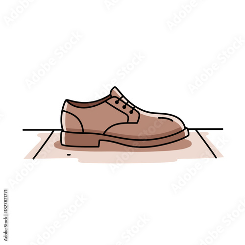 Brown leather shoe placed on sidewalk in minimalist style  