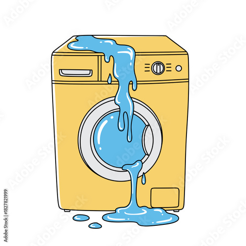 Yellow washing machine with blue detergent spilling out of drum  