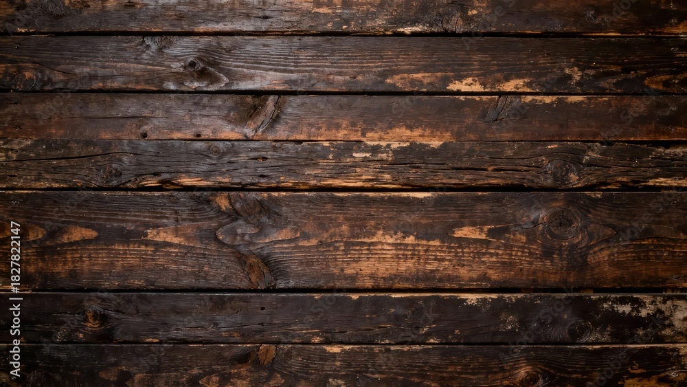 Fototapeta premium Weathered dark brown wooden planks form a rustic horizontal background texture