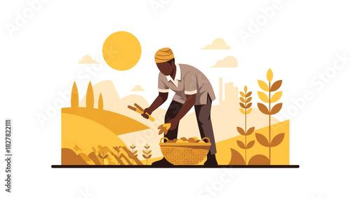 African farmer harvesting fresh crops in a field. Ideal for agricultural lifestyle, farming culture, subsistence work, and rural livelihood visuals