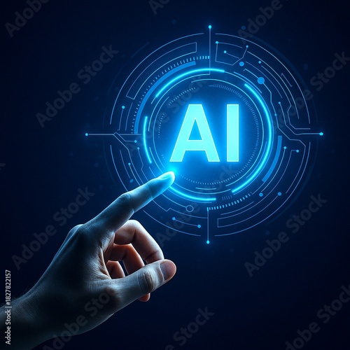 Futuristic digital interface with a human hand interacting with a glowing AI hologram. The neon blue circular interface, floating light effects, and high-tech elements create a modern artificial intel