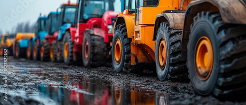 The wheels of heavy machinery are stuck in a muddy puddle, highlighting the consequences of climatic precipitation, which is relevant to the atmospheric background in materials on the environmental  