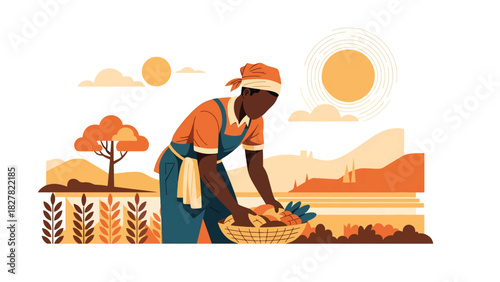 African farmer harvesting fresh crops in a field. Ideal for agricultural lifestyle, farming culture, subsistence work, and rural livelihood visuals