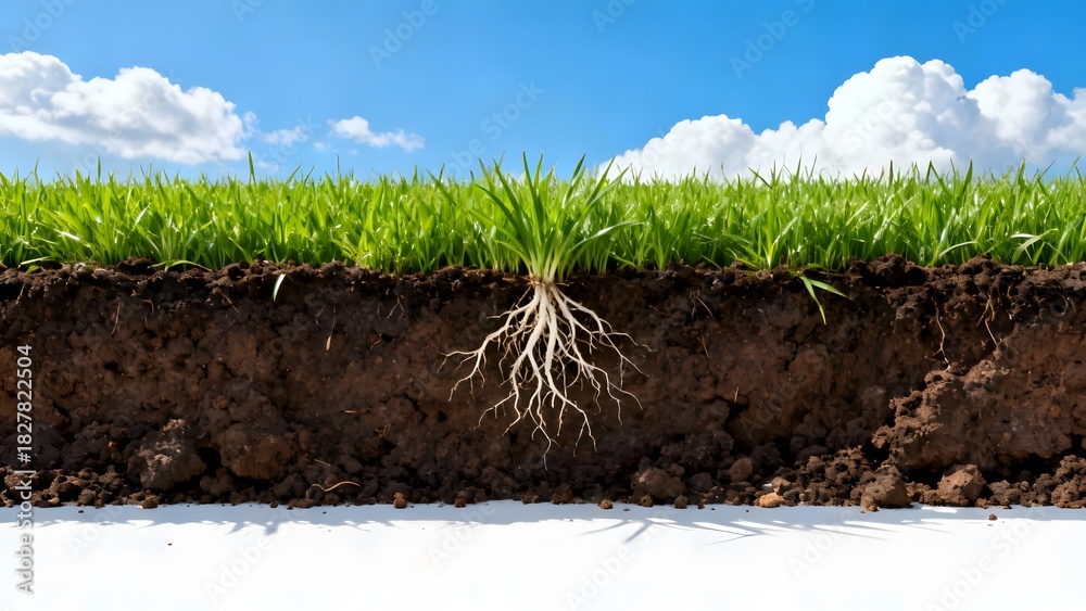 Fototapeta premium Cross section of lush green grass with deep white roots in fertile soil against blue sky
