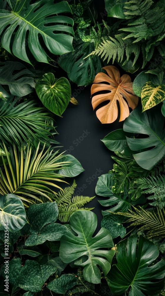 Naklejka premium Luxurious tropical leaves and ferns create a dense green frame, ideal for interior design or design projects as a main background.