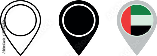 United Arab Emirates UAE map pointer set with flag and outline vector illustration