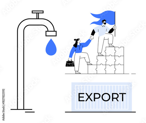 Businesspeople climbing puzzle blocks holding flag symbolizing export success. Nearby tap with drop representing resources. Ideal for trade, teamwork, problem solving, globalization, supply chain