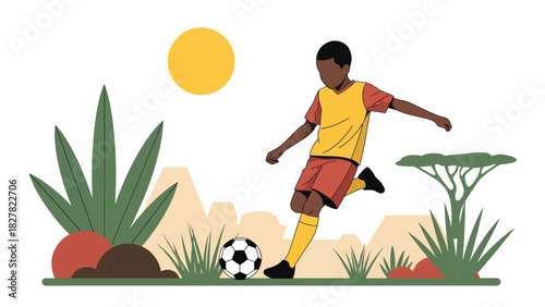 African boy playing soccer outdoors with joyful energy. Great for childhood joy, sports development, and playtime lifestyle content
