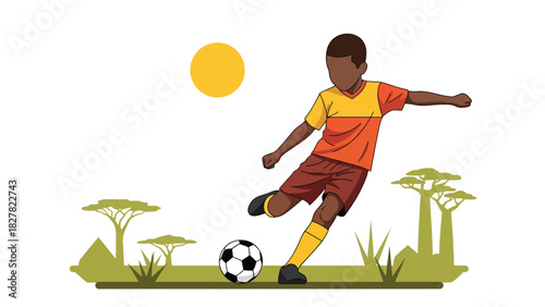 African boy playing soccer outdoors with joyful energy. Great for childhood joy, sports development, and playtime lifestyle content