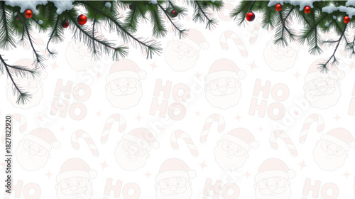 Festive Christmas Scene Featuring Snowy Pine Boughs And Ornaments Against A Santa Claus Background
