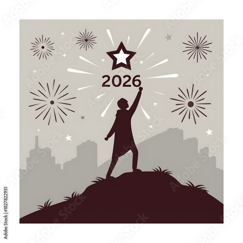 Happy New Year 2026 Celebration with City Skyline, Celebrating Silhouette, Countdown Clock, and Fireworks