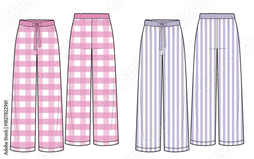 Set of pajama set with checkered and stripe patterns