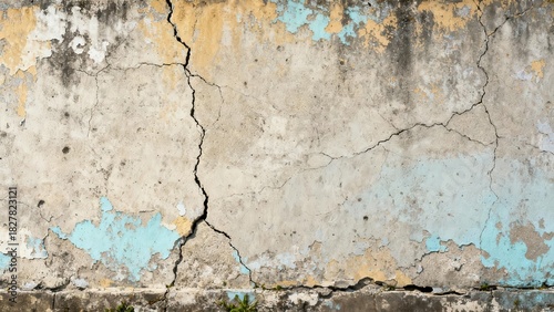 Weathered concrete surface displays pronounced vertical fissures and flaking painted layers