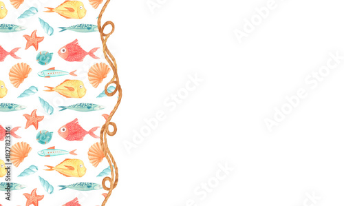 Photography Watercolor nautical illustration with colorful sea fish, shells, starfish and twisted rope border