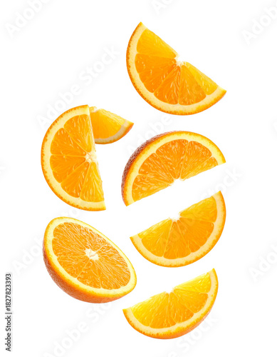 Oranges on Transparent Background - Falling Orange with Green Leaves for Product Placement - Fresh, Fruit and Clean Marketing Visual