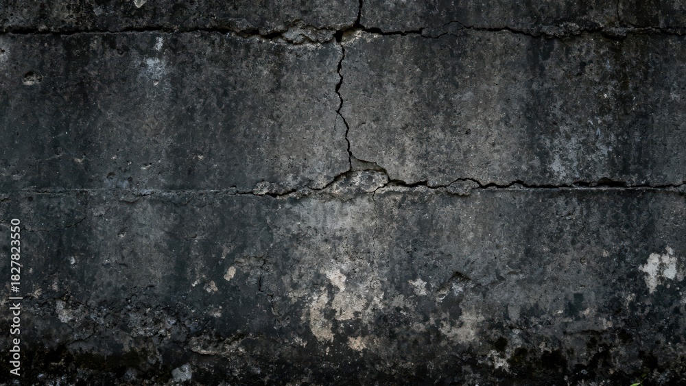 Obraz premium Weathered concrete surface displays prominent horizontal and vertical fractures across its dark facade