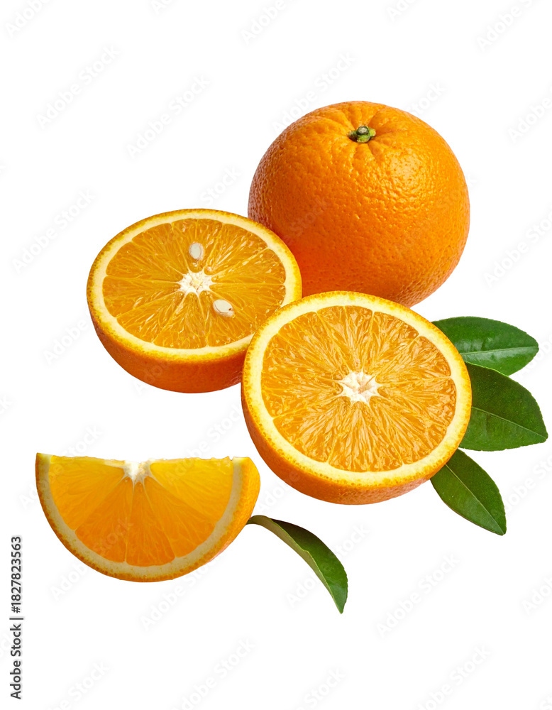 Fototapeta premium Oranges on Transparent Background - Falling Orange with Green Leaves for Product Placement - Fresh, Fruit and Clean Marketing Visual