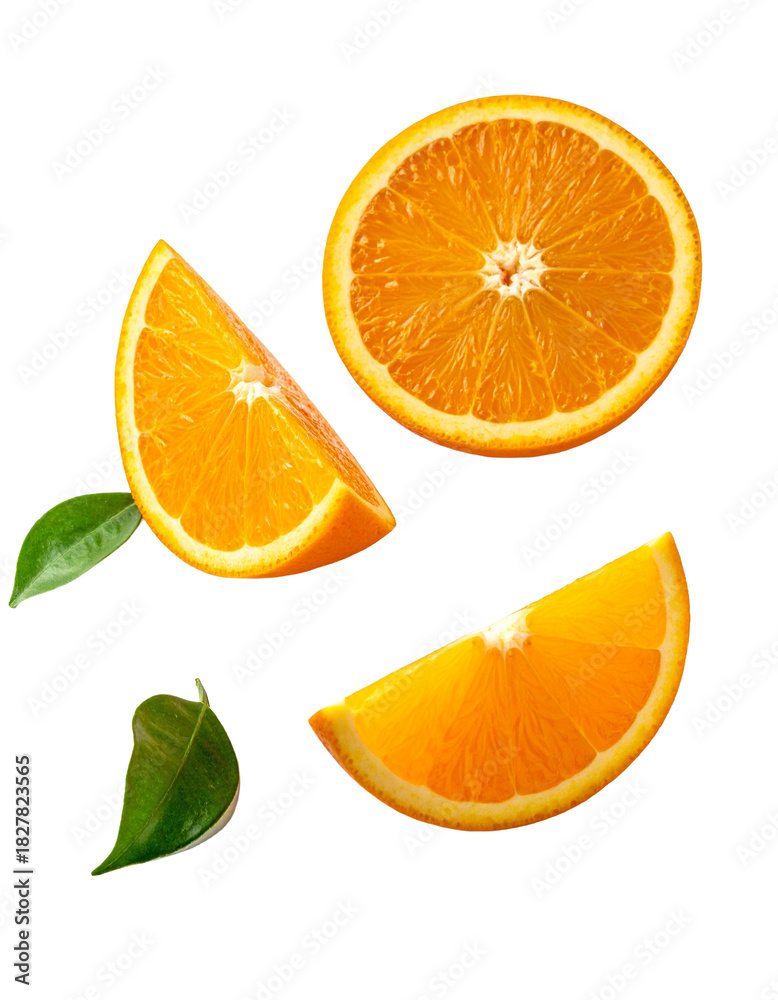 Fototapeta premium Oranges on Transparent Background - Falling Orange with Green Leaves for Product Placement - Fresh, Fruit and Clean Marketing Visual