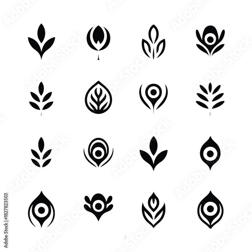Collection of sixteen black stylized leaf and eye shaped abstract logos on white background Keywords: logo, abstract, symbol, icon, design
