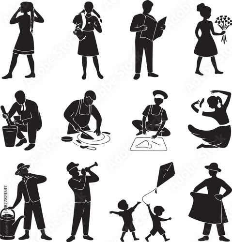 Collection of Silhouetted People Doing Different Activities Vector Graphic Art