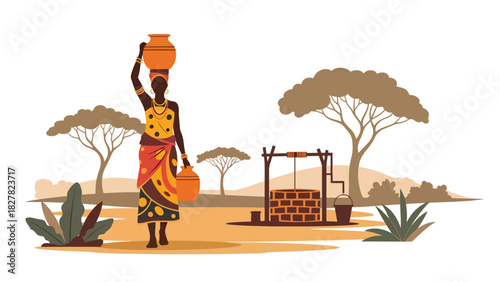 African woman collecting water with container from a shared source. Ideal for humanitarian themes, global water access, and environmental equity visuals