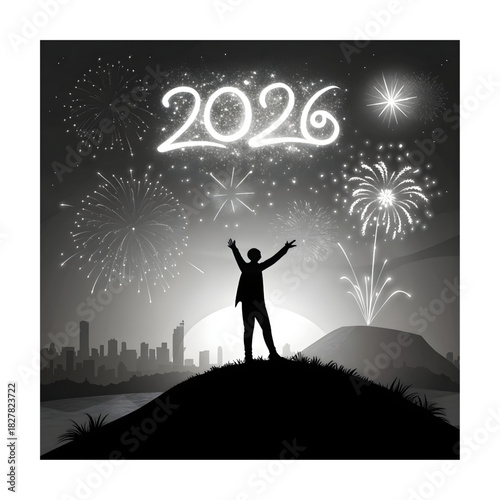 Excited Happy New Year 2026 Celebration with Person Silhouette, Cityscape, Fireworks, and Countdown Clock