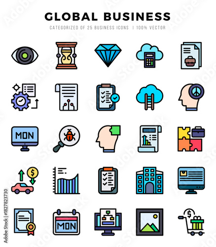 Collection of Global Business 25 Lineal Color Icons Pack.