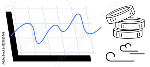 Rising and falling line chart with grid background, stacked coins implying monetary aspects, and dynamic wind lines portraying market instability. Ideal for finance, economy, investment, risk
