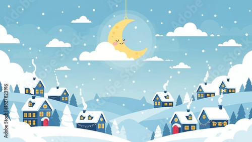 Winter village scene with snow falling and a crescent moon in the sky.