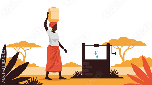 African woman collecting water with container from a shared source. Ideal for humanitarian themes, global water access, and environmental equity visuals