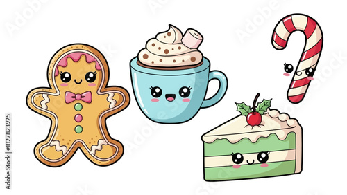 Cute Kawaii Christmas Sweets: Gingerbread, Hot Chocolate, Candy Cane, Cake.